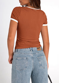 Casual Short Sleeve Ribbed Knit Square Neck Color Block Slim Fit Basic Crop T-shirts