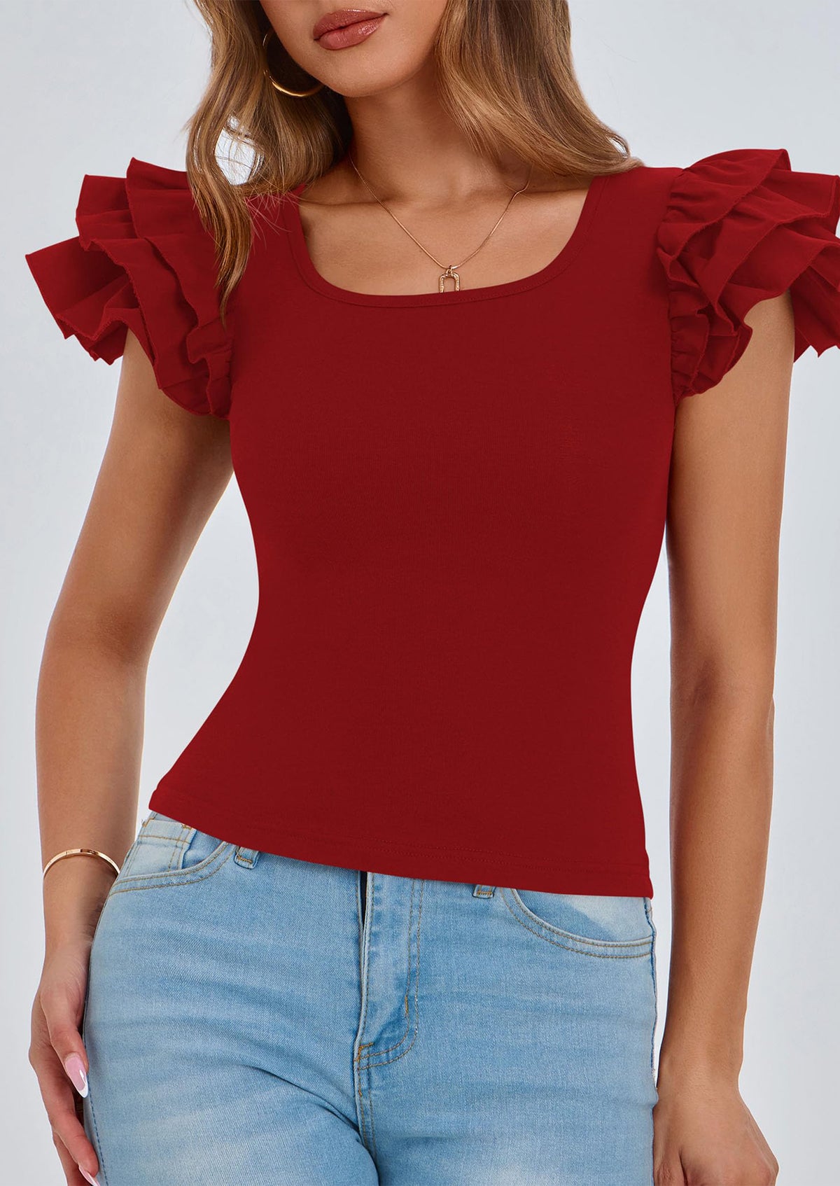Ruffle Short Sleeve Casual Basic Fitted Crew Neck T-shirts
