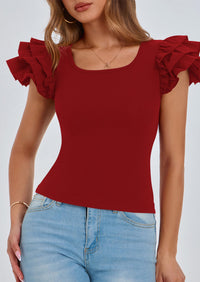 Ruffle Short Sleeve Casual Basic Fitted Crew Neck T-shirts