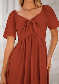 Casual Short Sleeve Bow Tie V Neck Ruffle Flowy Midi Dresses