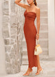 Strapless Tube Twist Knot Front Ribbed Knit Elegant Bodycon Maxi Dresses With Slit
