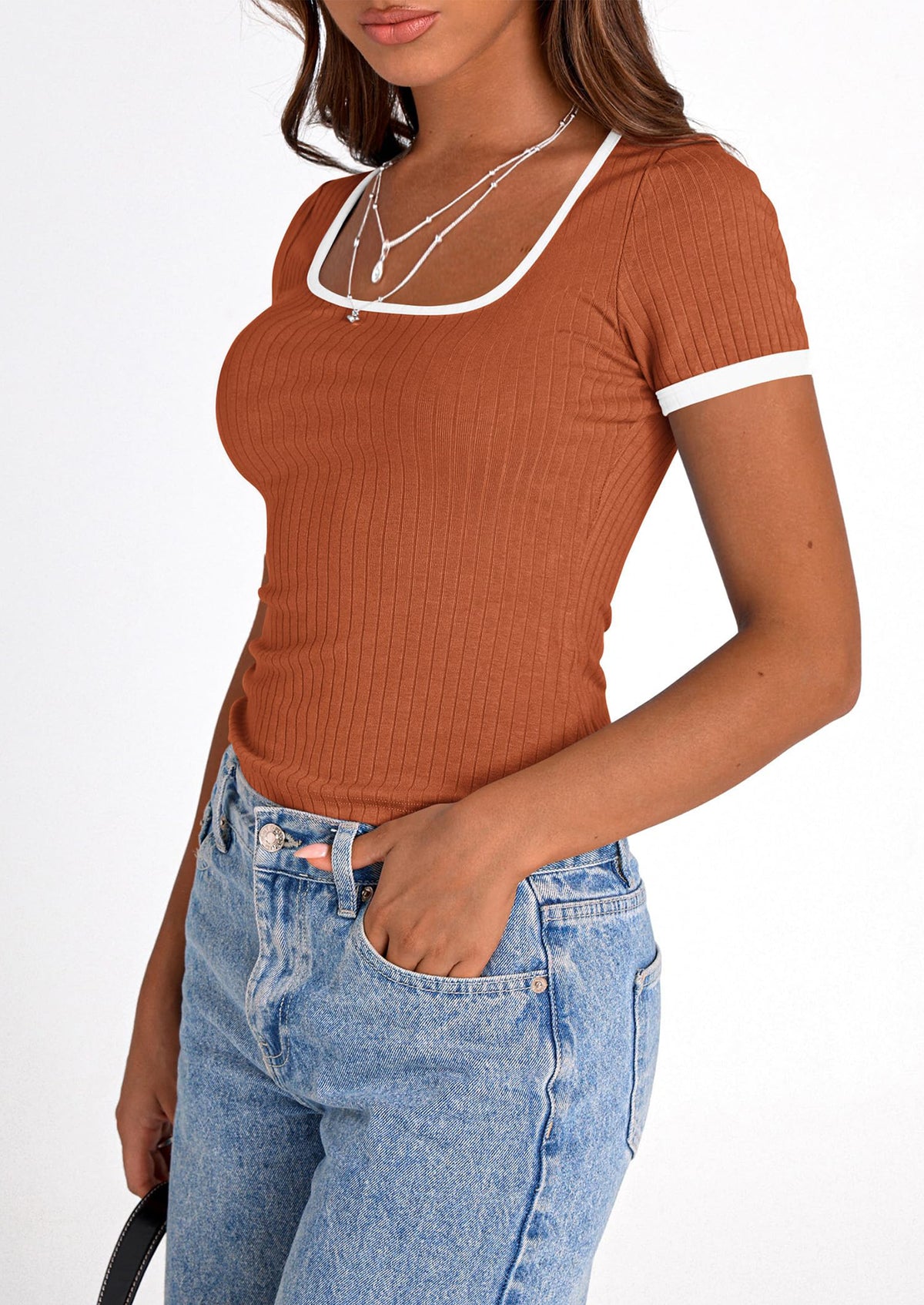 Casual Short Sleeve Ribbed Knit Square Neck Color Block Slim Fit Basic Crop T-shirts
