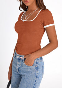 Casual Short Sleeve Ribbed Knit Square Neck Color Block Slim Fit Basic Crop T-shirts