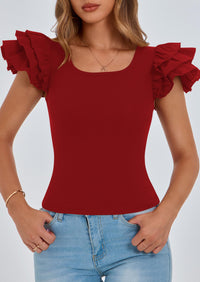 Ruffle Short Sleeve Casual Basic Fitted Crew Neck T-shirts