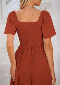 Casual Short Sleeve Bow Tie V Neck Ruffle Flowy Midi Dresses