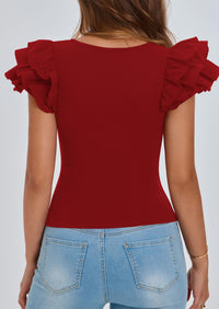 Ruffle Short Sleeve Casual Basic Fitted Crew Neck T-shirts