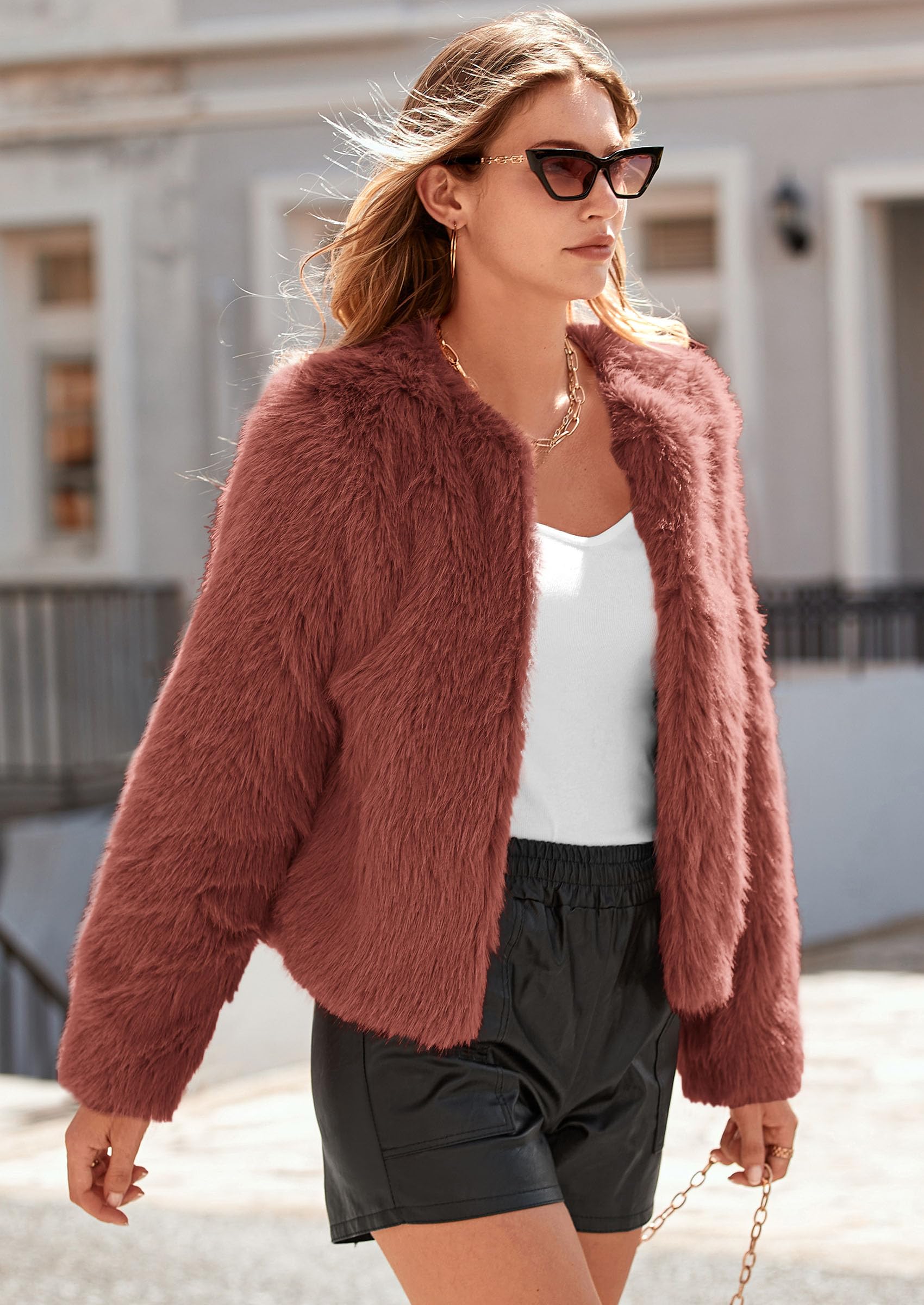 PRETTYGARDEN Women's Winter Coats Fleece Cropped Jacket Faux Fur Long Sleeve Pockets Shaggy Warm Outerwear Fall Clothes