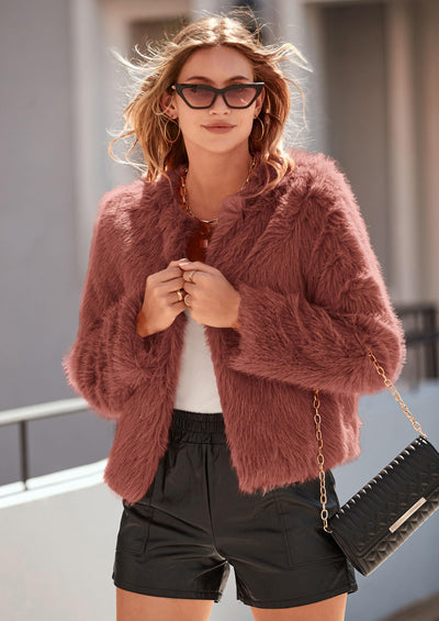PRETTYGARDEN Women's Winter Coats Fleece Cropped Jacket Faux Fur Long Sleeve Pockets Shaggy Warm Outerwear Fall Clothes