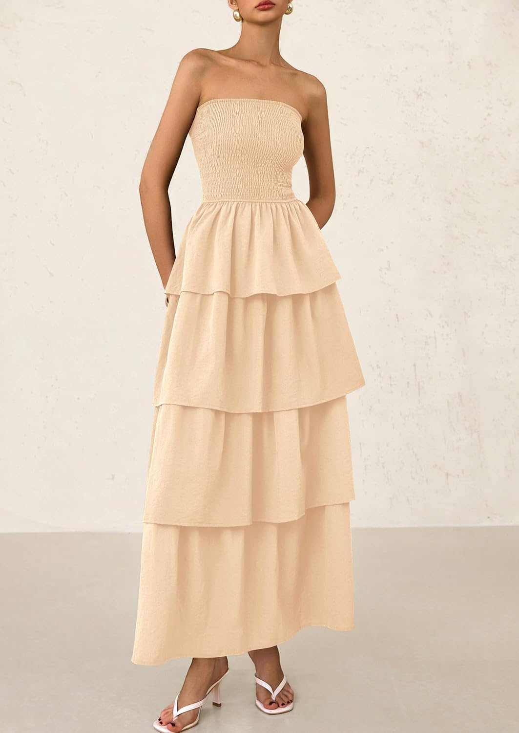 Off Shoulder Smocked Tiered Ruffle Long Flowy Casual Beach Maxi Dress