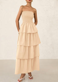 Off Shoulder Smocked Tiered Ruffle Long Flowy Casual Beach Maxi Dress