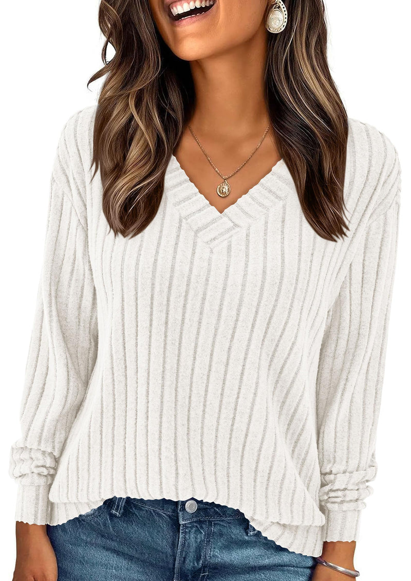 PRETTYGARDEN Fall Fashion Long Sleeve Shirts for Women Ribbed Knit V Neck Dressy Casual Lightweight Sweaters Tunic Tops