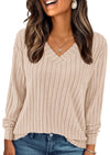 PRETTYGARDEN Fall Fashion Long Sleeve Shirts for Women Ribbed Knit V Neck Dressy Casual Lightweight Sweaters Tunic Tops