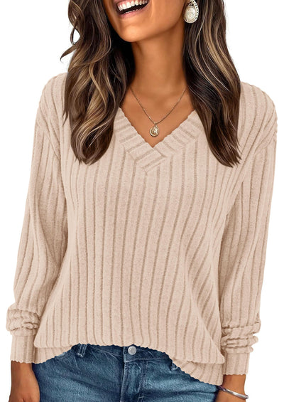 PRETTYGARDEN Fall Fashion Long Sleeve Shirts for Women Ribbed Knit V Neck Dressy Casual Lightweight Sweaters Tunic Tops