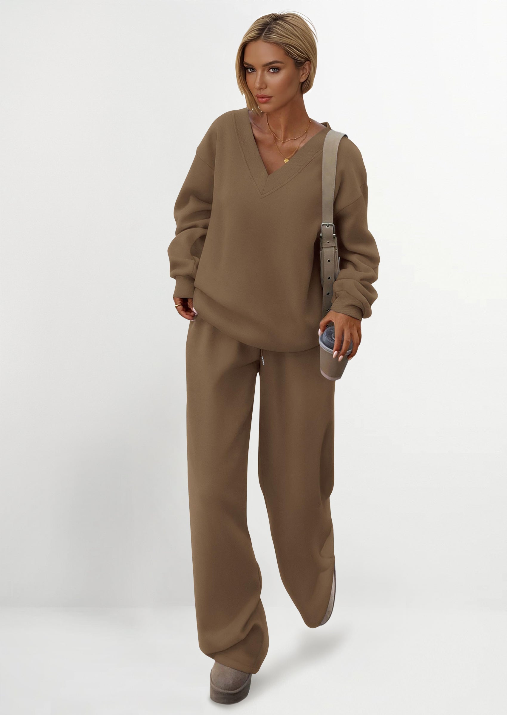 PRETTYGARDEN Casual Winter Two Piece Sets for Women V Neck Sweatshirt Loose Wide Leg Pants Tracksuit Knit Fall Outfits