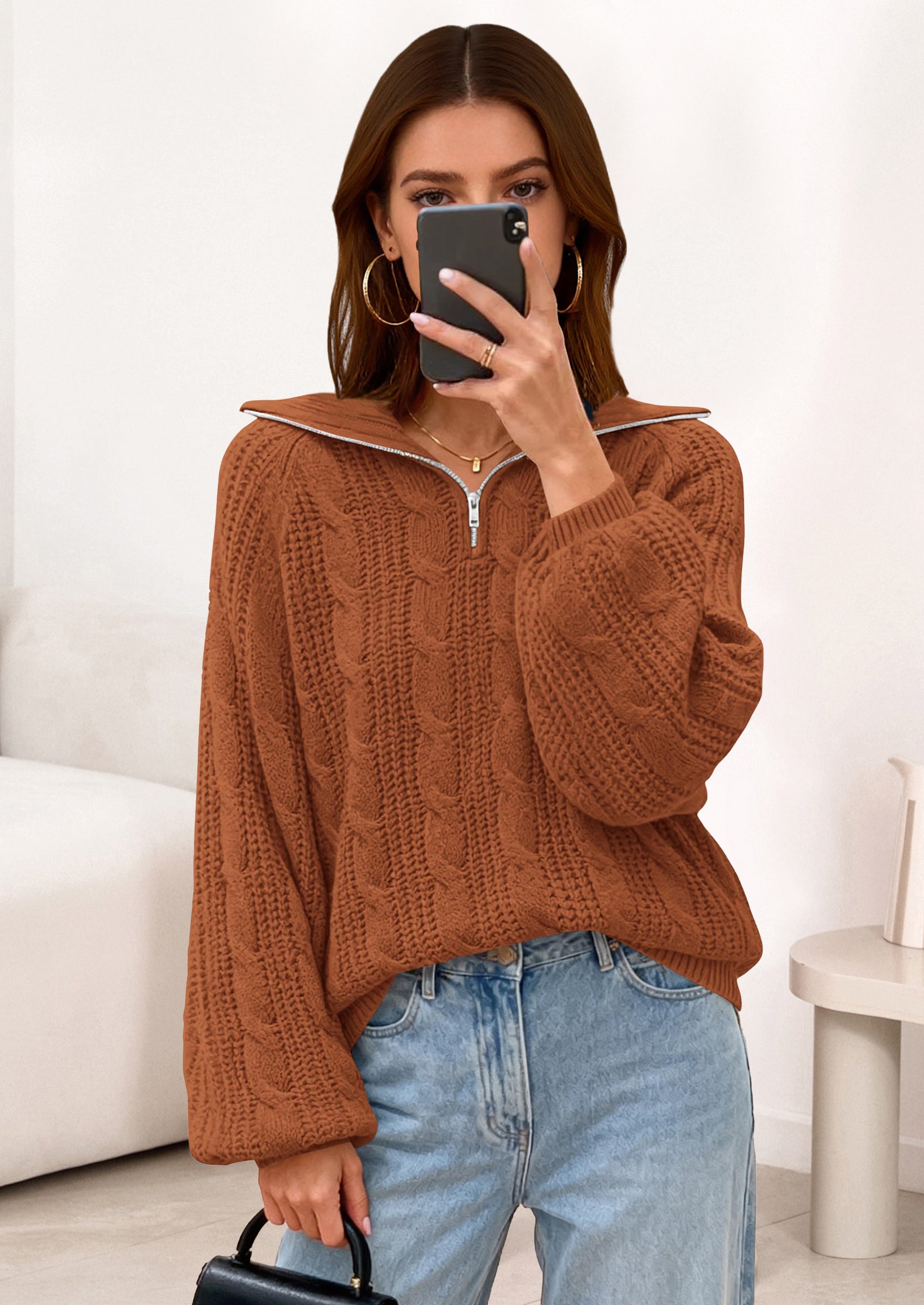 BTFBM Sweaters for Women Fall Fashion Loose Quarter Zip Pullover Collared Long Sleeve Cable Knit Winter Clothes