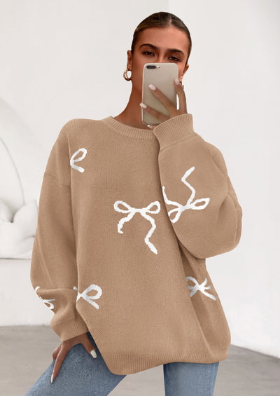 PRETTYGARDEN Fall Long Sleeve Pullover Sweaters for Women Trendy Crewneck Casual Cute Bow Chunky Knit Oversized Sweater