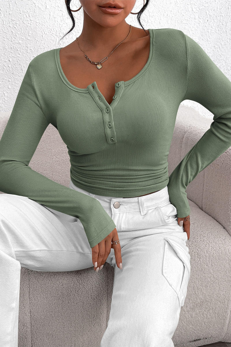 PRETTYGARDEN Women's Spring Fall Long Sleeve Henley T Shirts Button Ribbed Knit Slim Fit Casual Basic Tops Blouse