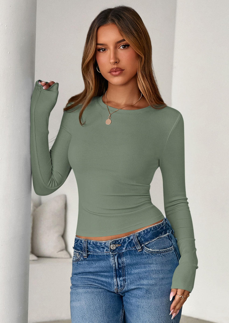 PRETTYGARDEN Womens Summer Fall Long Sleeve Shirts Ribbed Knit Fitted Basic Tee Going Out Tops Underscrub Casual Outfits