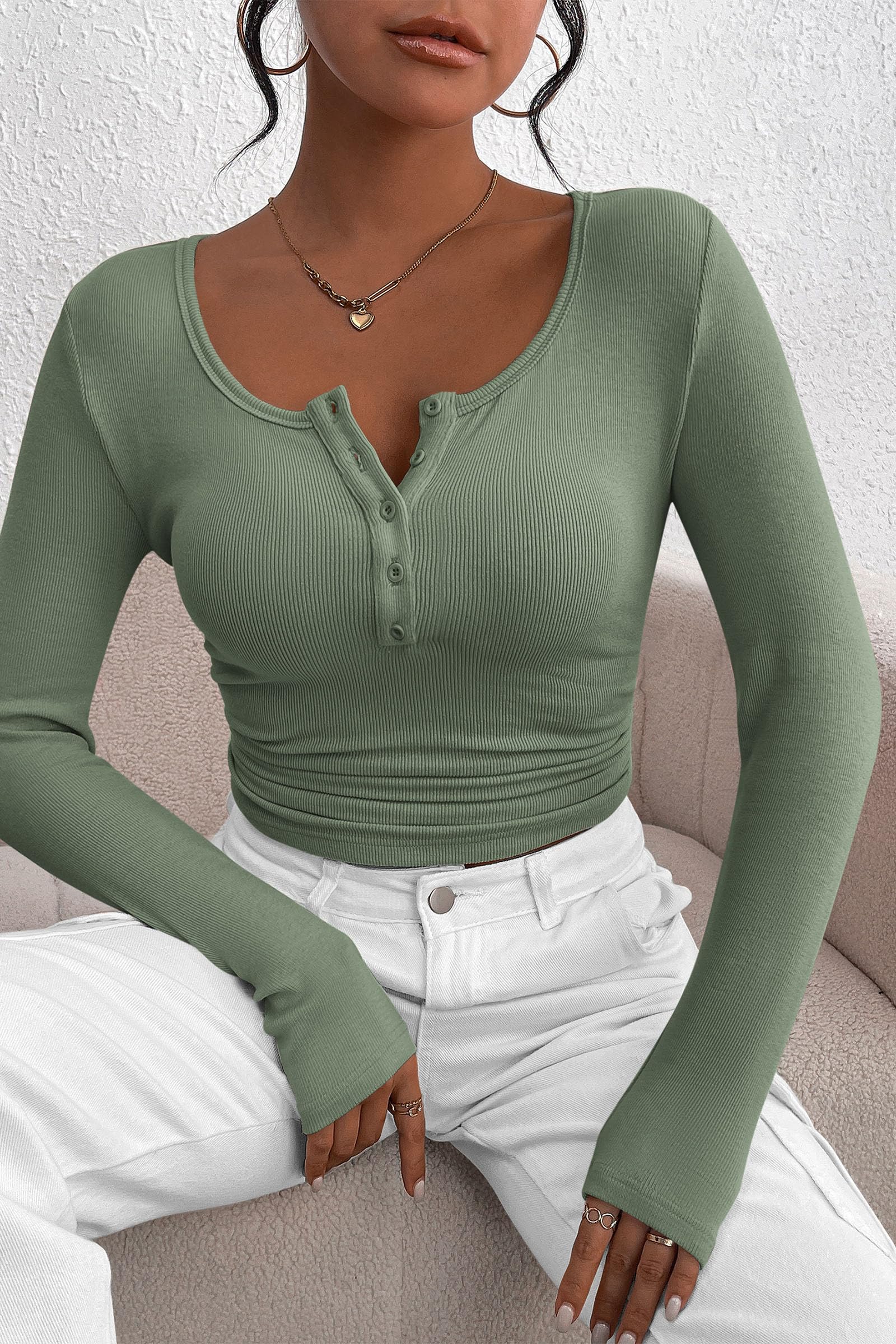 PRETTYGARDEN Women's Spring Fall Long Sleeve Henley T Shirts Button Ribbed Knit Slim Fit Casual Basic Tops Blouse