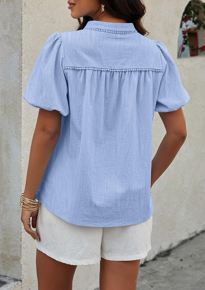 PRETTYGARDEN Womens Casual Summer Tops V Neck Short Puff Sleeve Pleated Cotton T Shirts Loose Dressy Blouses