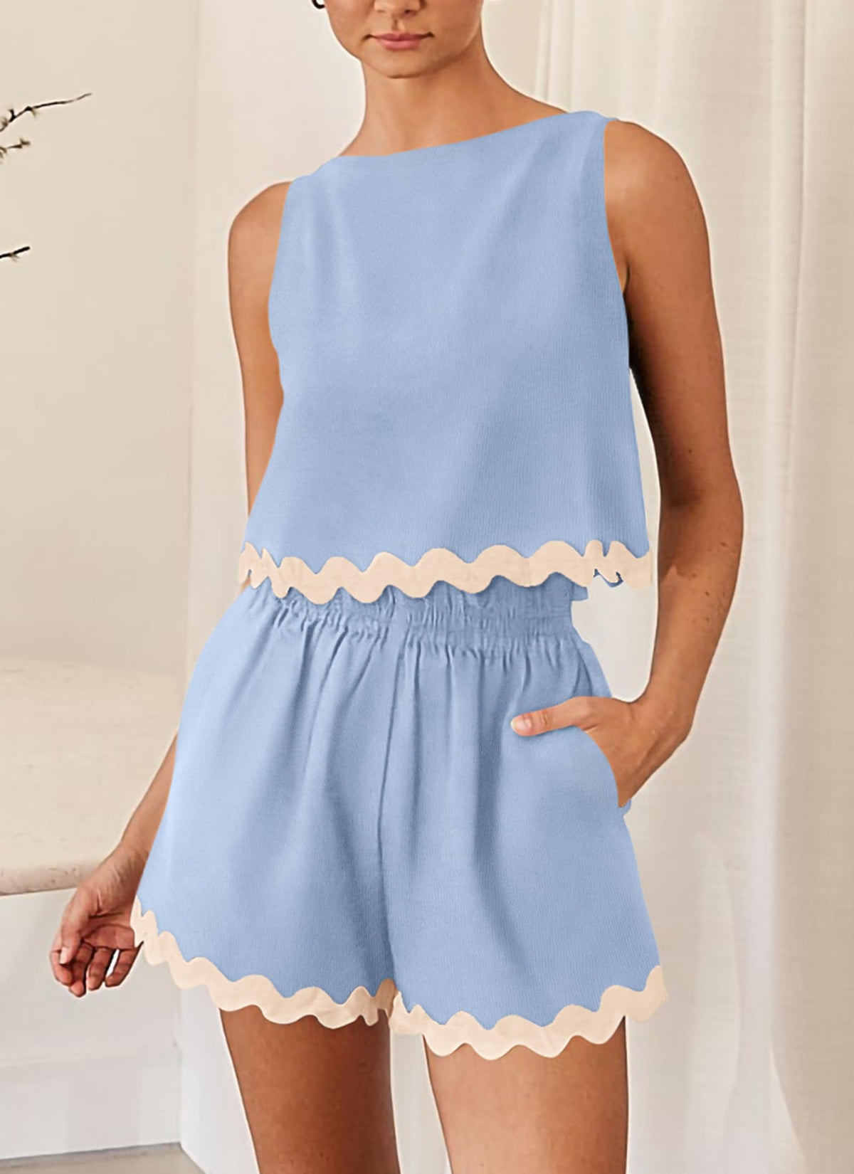 Beach Vacation Cropped Tank Top High Waist Shorts Two Piece Set