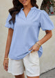 Casual V Neck Short Puff Sleeve Pleated Cotton Loose Blouses