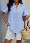 PRETTYGARDEN Womens Casual Summer Tops V Neck Short Puff Sleeve Pleated Cotton T Shirts Loose Dressy Blouses