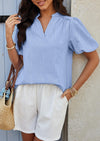 PRETTYGARDEN Womens Casual Summer Tops V Neck Short Puff Sleeve Pleated Cotton T Shirts Loose Dressy Blouses