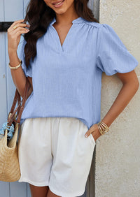 Casual V Neck Short Puff Sleeve Pleated Cotton Loose Blouses