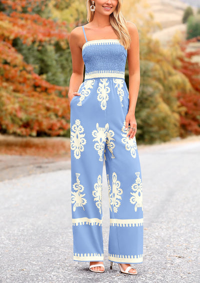 PRETTYGARDEN Boho Jumpsuits Beach Vacation Outfits Spaghetti Strap Wide Leg Pants Rompers