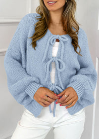 PRETTYGARDEN Women's Tie Front Bow Cardigan Sweaters Chunky Knit Long Puff Sleeve Trendy Fall Winter Jacket Coats