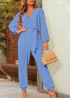 PRETTYGARDEN Women's Fall Jumpsuits Dressy Casual Pants Romper Spring Long Sleeve V Neck Belt Pockets One Piece Outfits