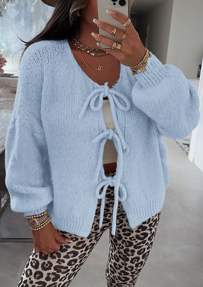 PRETTYGARDEN Women's Tie Front Bow Cardigan Sweaters Chunky Knit Long Puff Sleeve Trendy Fall Winter Jacket Coats