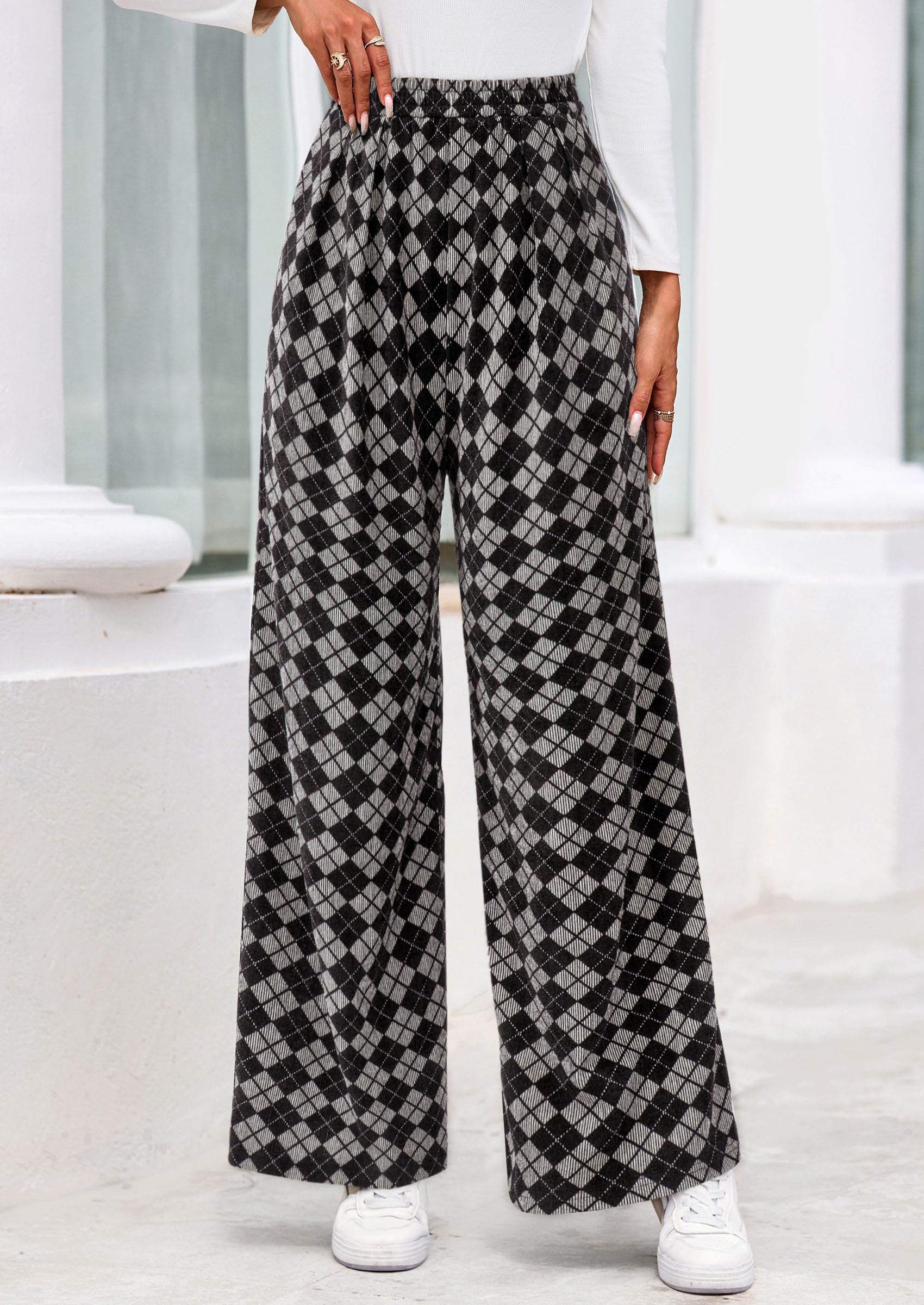 PRETTYGARDEN Casual Women's Pants Elastic Waist Palazzo Long Stretchy Wide Leg Trousers Knit Fall Outfits with Pockets PRETTYGARDEN