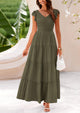 Cap Sleeve V Neck Smocked Beach Maxi Dresses