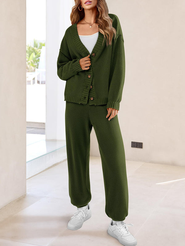 Loose Button Cardigan Casual Pants Solid Color Set