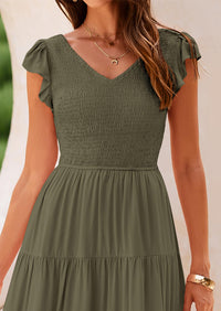 Cap Sleeve V Neck Smocked Beach Maxi Dresses