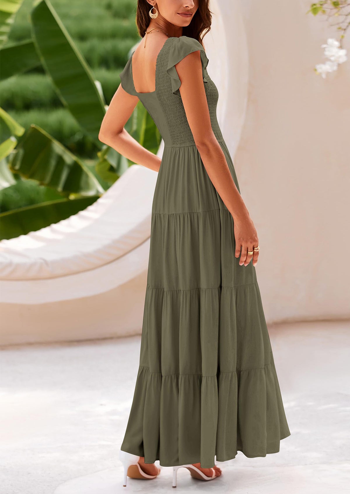 Cap Sleeve V Neck Smocked Beach Maxi Dresses