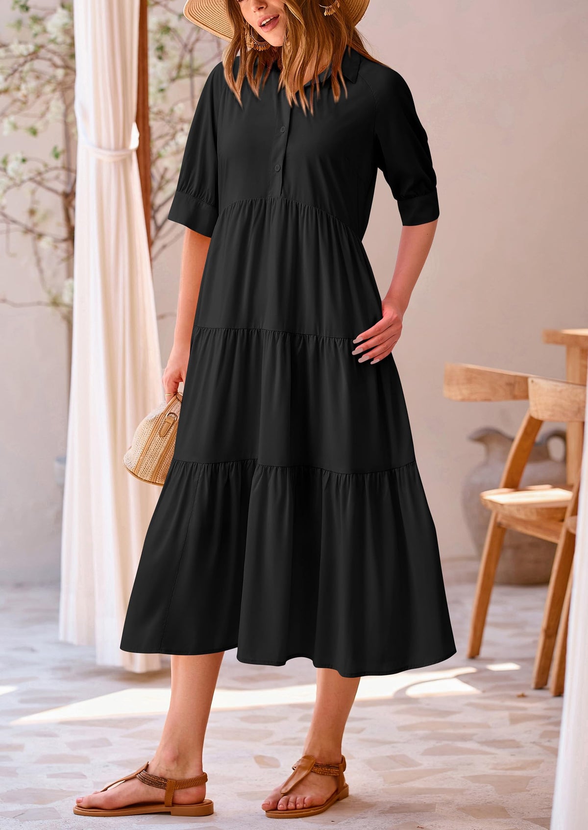 Button Up Ruffle A Line Flowy Maxi Dress