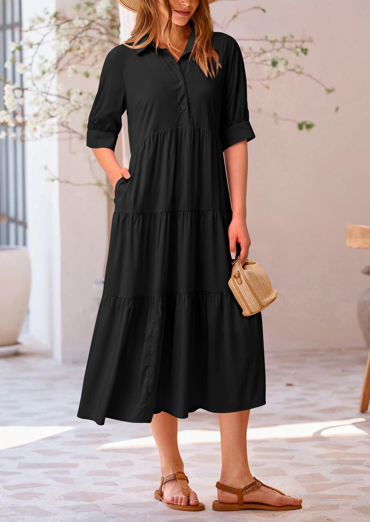 Button Up Ruffle A Line Flowy Maxi Dress