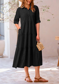 Button Up Ruffle A Line Flowy Maxi Dress