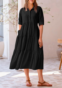 Button Up Ruffle A Line Flowy Maxi Dress