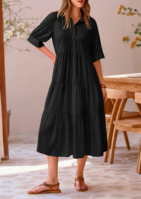Button Up Ruffle A Line Flowy Maxi Dress