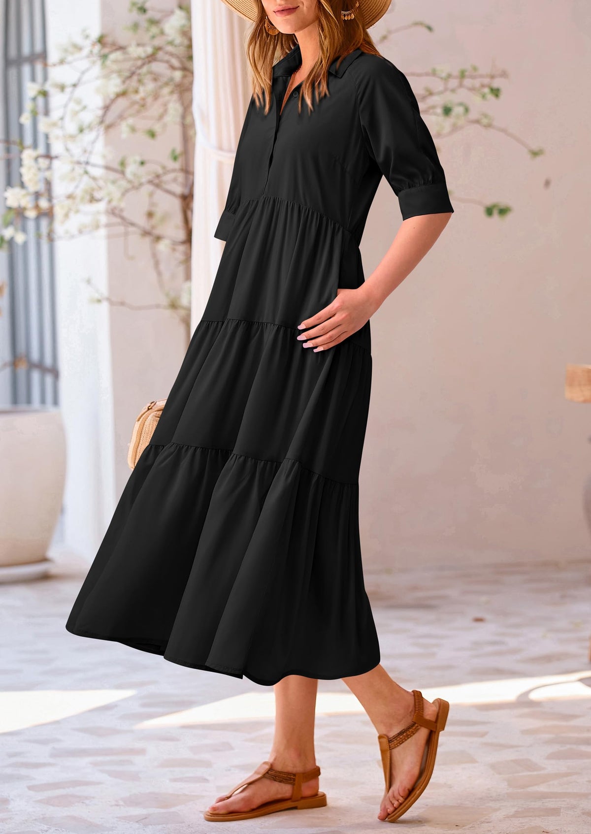 Button Up Ruffle A Line Flowy Maxi Dress