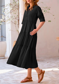 Button Up Ruffle A Line Flowy Maxi Dress