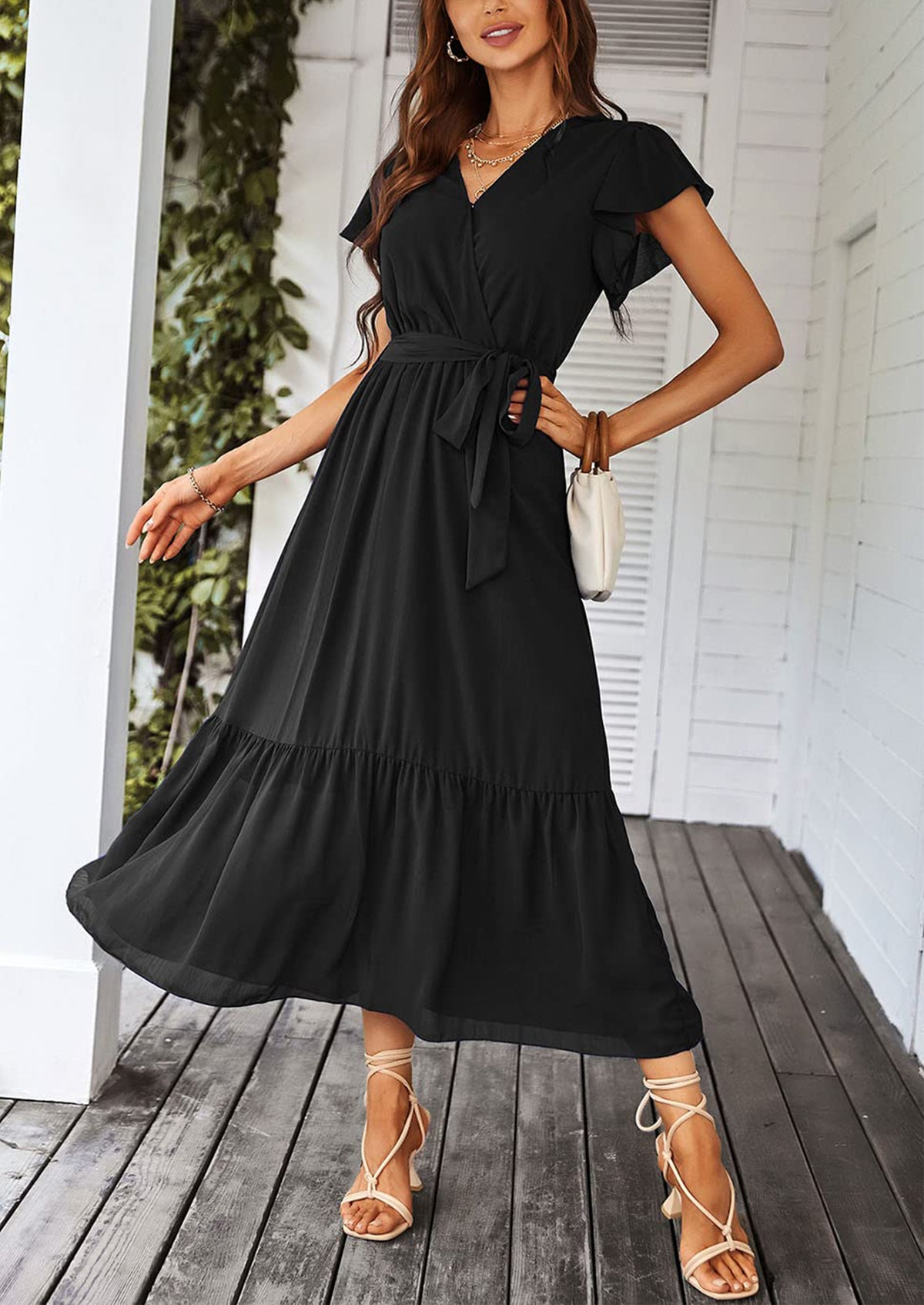 Sleeveless Halter V Neck Flowy Ruffle Hem Long Boho Dresses