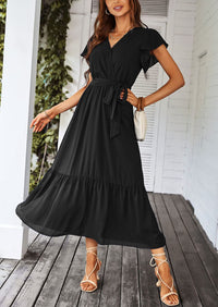 Sleeveless Halter V Neck Flowy Ruffle Hem Long Boho Dresses