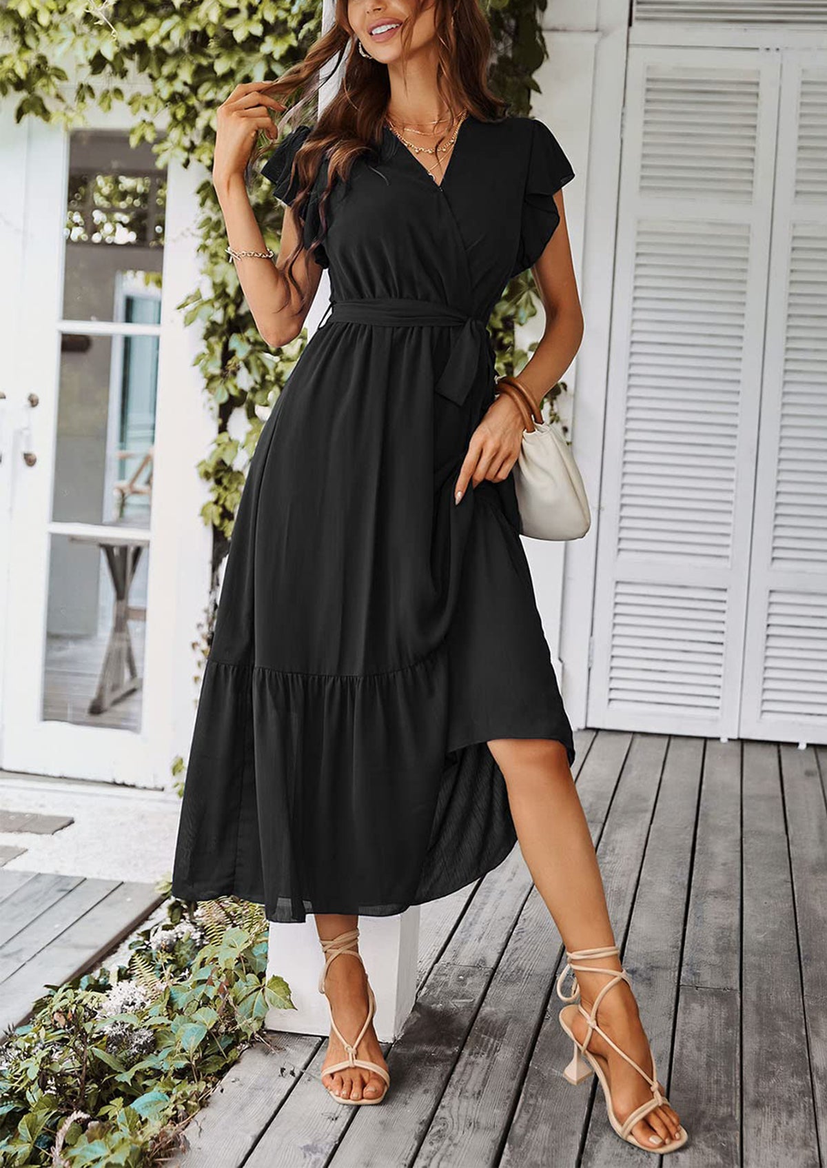 Sleeveless Halter V Neck Flowy Ruffle Hem Long Boho Dresses