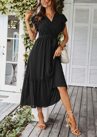 Sleeveless Halter V Neck Flowy Ruffle Hem Long Boho Dresses