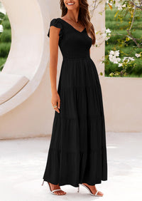 Cap Sleeve V Neck Smocked Beach Maxi Dresses
